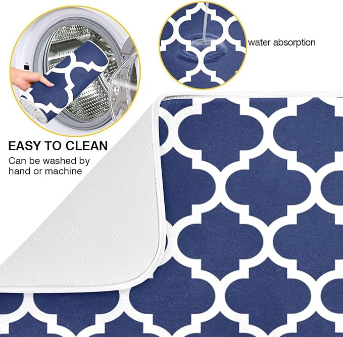 Navy Blue Trellis Lattice Dish Drying Mat for Kitchen Counter Absorbent Microfiber Drying Pad, Medium 16x18 in, Reversible Drainer Mats