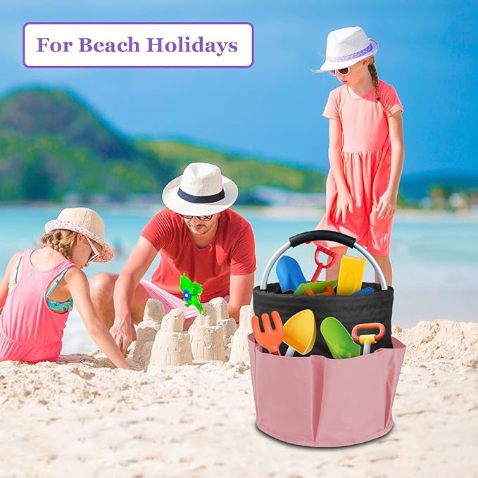 2Pcs 17L Shower Caddy with 6 Pockets, Portable Cleaning Caddy in 600D Oxford Fabric, Cleaning Supplies Bucket with Handle, Multifunctional Storage Basket for Dorm, Family, Black with Pink