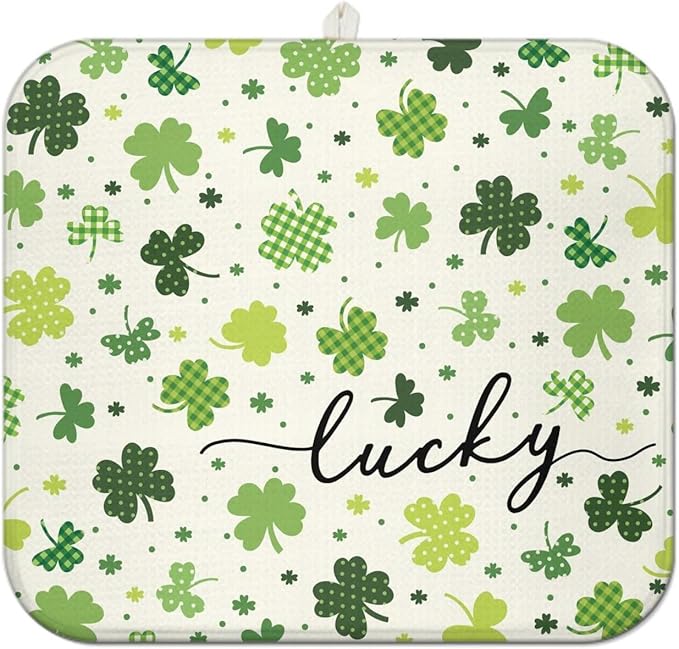 St. Patrick's Day Dish Drying Mat for Kitchen Counter, Green Four-Leaf Clover Microfiber Drain Mat, Shamrock Rug, Washable and Absorbent,16 x 18Inch