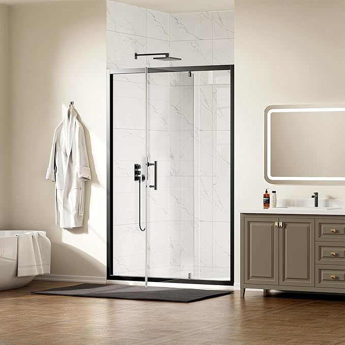 WinZo 47-48" W ×72" H Pivot Shower Door, 1/4"(6mm) SGCC Clear Tempered Glass Shower Door with Explosion Film, Nano Easy-Clean Coating, Reversible Installation, Matte Black