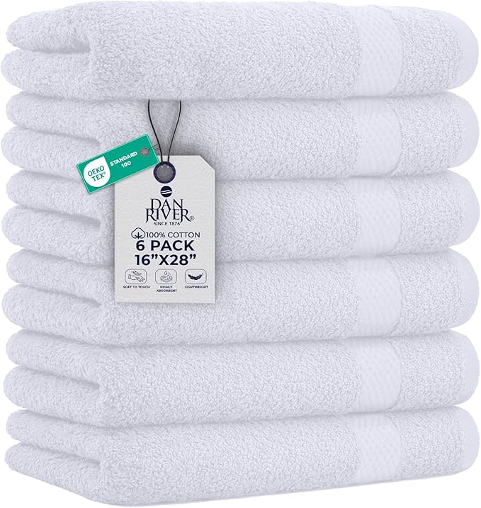DAN RIVER 6-Pack Premium Hand Towels (16x28 Inches) - 100% Cotton, Ultra Soft, Lightweight, Highly Absorbent Towels for Bathroom, Spa, Gym, Salon, Hotel, and Travel - White