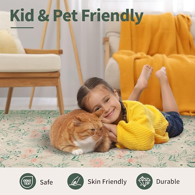 Entryway Rug, 3x5 Washable Area Rug, Green Vintage Boho Throw Rugs, Non Slip Low Pile Small Carpet for Bedroom, Girls Kids Room and Nursery Room(Sage Green 3x5ft)