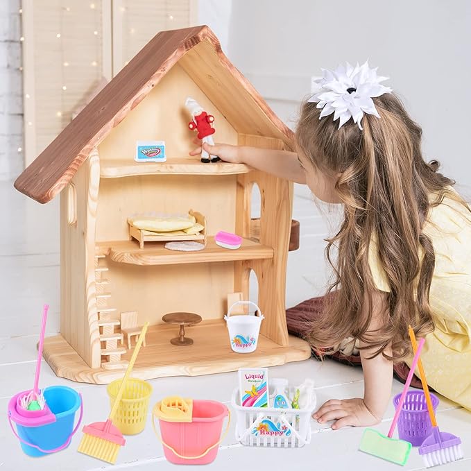 22 Pcs Miniature Dollhouse Cleaning Supplies Mini Bucket Mop Dust Pan Brush Broom Mini Housework Cute Cleaning Supplies Tools Miniature Furniture Dollhouse Decoration Accessories