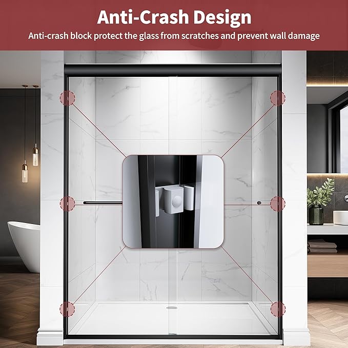 56-60" W x 76" H Semi-Frameless Double Sliding Glass Shower Door, 1/4" (6mm) Clear Tempered Glass, Bypass Sliding Shower Door for Bathroom, Easy to Clean (Matte Black, 60" W x 76" H)