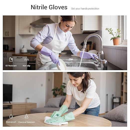 ThxToms 4 Pairs Nitrile Cleaning Gloves, Latex free Reusable Dishwashing Gloves for Women, Kitchen and Bathroom Cleaning, Non-Slip &Flexible, 10 Mil, Colorful, M