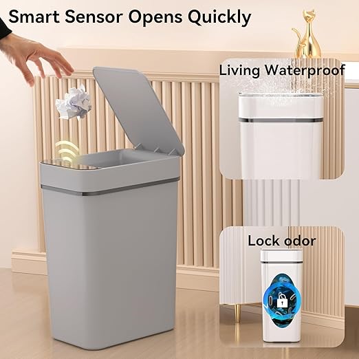 3 Pack Bathroom Trash Can 2.6 Gallon Small Touchless Automatic Motion Sensor Trash Cans Slim Waterproof Garbage Bin with Lid for Kitchen, Office, Bedroom Black White Grey