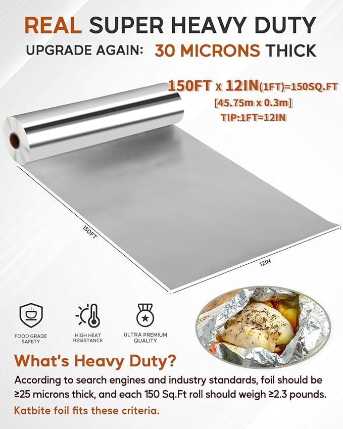 Katbite Aluminum Foil Roll, Heavy Duty 12inx150ft, 30 Micron Thick Strong Foils Aluminum Roll with Cutter for Home Cooking, Catering, Grilling,150Sqft