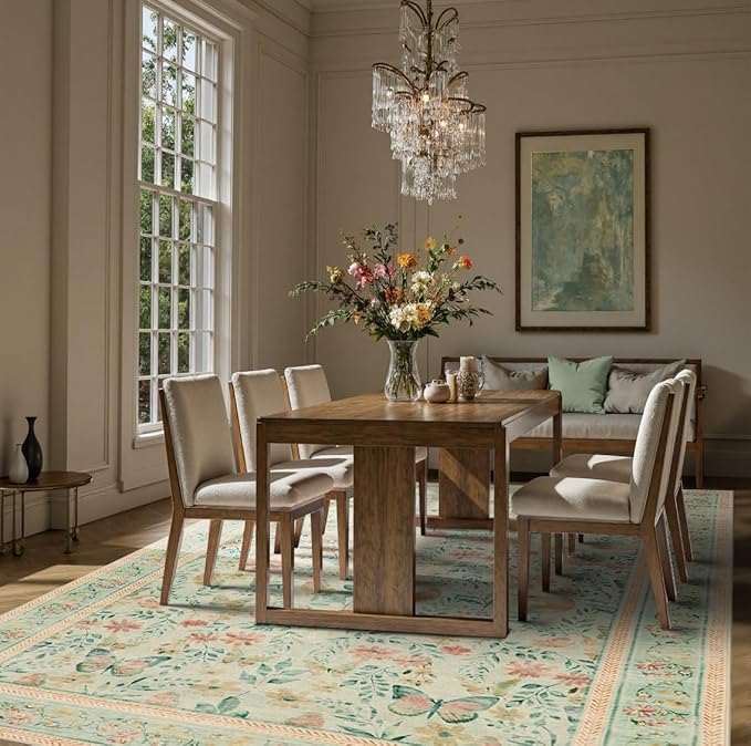 Floral Rug for Living Room Bedroom, 8x10 Washable Rug, Green Vintage Boho Area Rug, Large Non Slip Low Pile Wool Carpet for Indoor Dining Room,Girls Room,Nursery Room and Kids Room(Green 8x10)