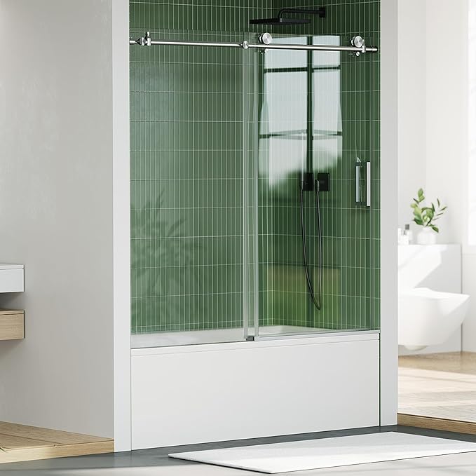 Bathtub Shower Door, 59" Wide x 60" High Sliding Door with 8mm Tempered Glass & Easy-Clean Coating, Brushed Stainless Steel Top Rail, One Fixed One Sliding Panel