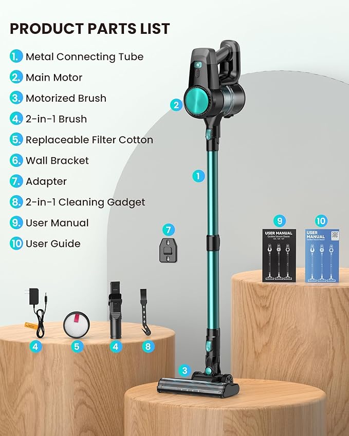 N3T Cordless Vacuum Cleaner,Wireless Stick Vacuum with 40mins Runtime,Self-Standing,Anti-Tangle Brush,Rechargeable Lightweight Vacuum Cleaner for Home,Hardwood Floor,Pet Hair, Carpet-Cyan Green