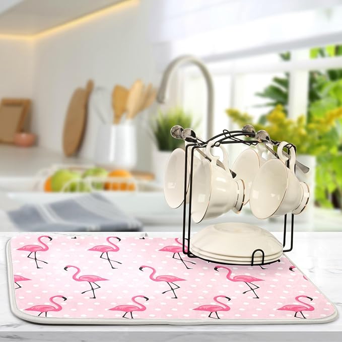 Tarity Cute Pink Flamingo Dish Drying Mat for Kitchen Counter Absorbent Heat Resistant Microfiber Dishes Drainer Mat 18x24 in Large Dish Pad Sink Mat Protective Pad Kitchen Decor