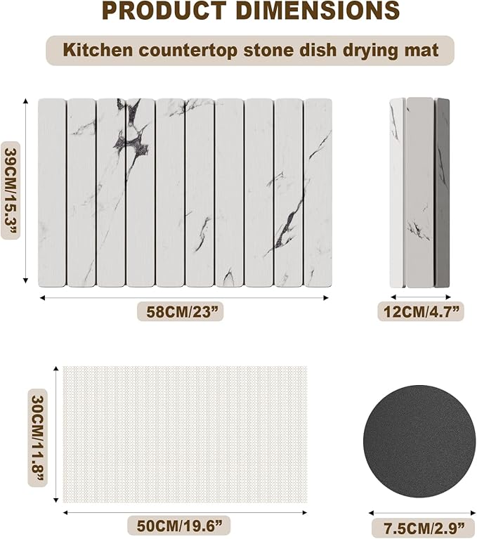 Dayacoco Stone Drying Mat for Kitchen Counter, Large Quick Dry Stone Mat, Collapsible Diatomaceous Earth Mats for Dishes Bottles Cups, Fits Any Countertop,23"×15.3",White gray