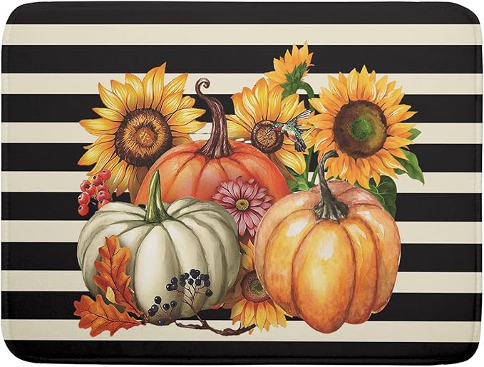 Sunflower Pumpkin Dish Drying Mat for Kitchen Counter,Black and White Stripe Drying Mat 18 x 24 Inch with Absorbent Reversible Microfiber Dish Drying Pad Dish Rack Drainer Mat for Coffee Bar