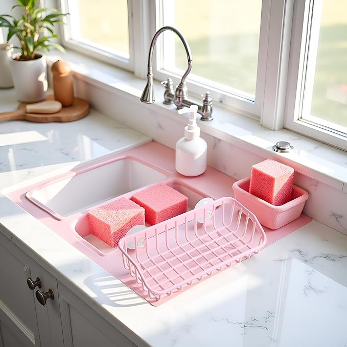 Pink Multifunctional Drain Rack, Hanging Storage Rack Drain Rack Sink Shelf Suction Cup Dishwashing Soap Sponge Holder for Kitchen Accessories Racks and Holders, Dish Racks