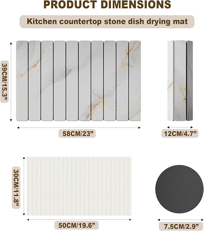 Dayacoco Stone Drying Mat for Kitchen Counter, Large Quick Dry Stone Mat, Collapsible Diatomaceous Earth Mats for Dishes Bottles Cups, Fits Any Countertop,23"×15.3",White gold