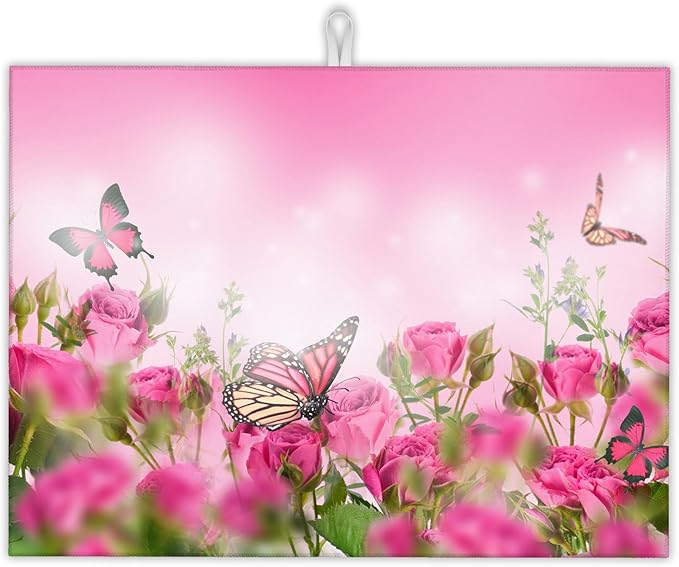 Pink Roses Flowers Dish Drying Mat for Kitchen Counter Decor,Butterflies Dish Drying Rack Pad Absorbent Reversible Microfiber for Coffee Tableware Sink Countertop 18x24 Inch
