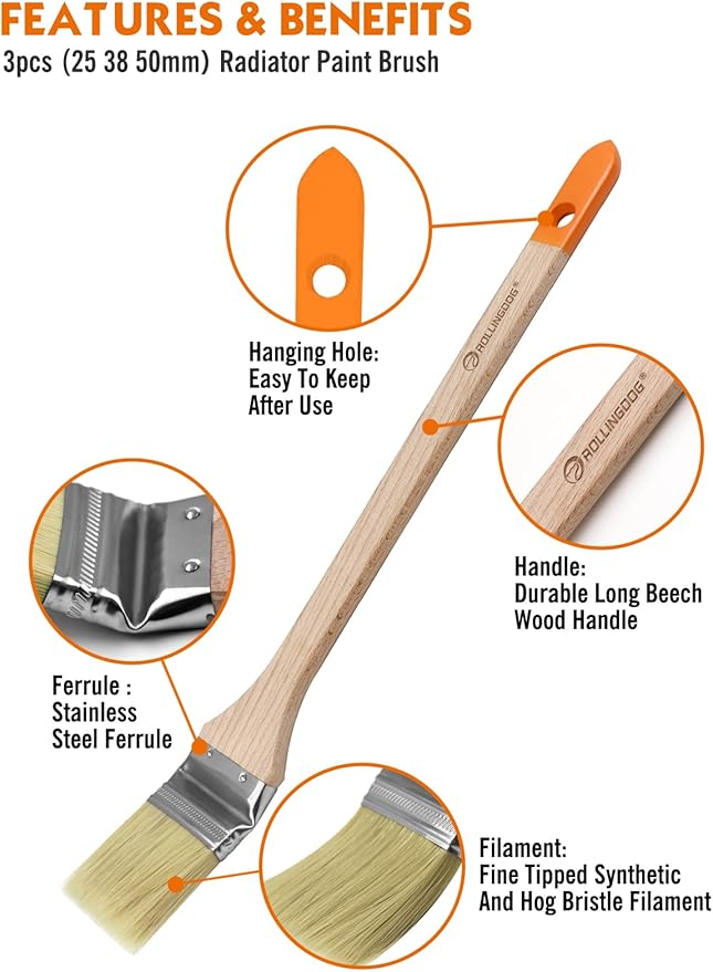 ROLLINGDOG Radiator Brush - 3PC Long Handle Paint Brush for Ceilings,High Walls(25mm,38mm,50mm)
