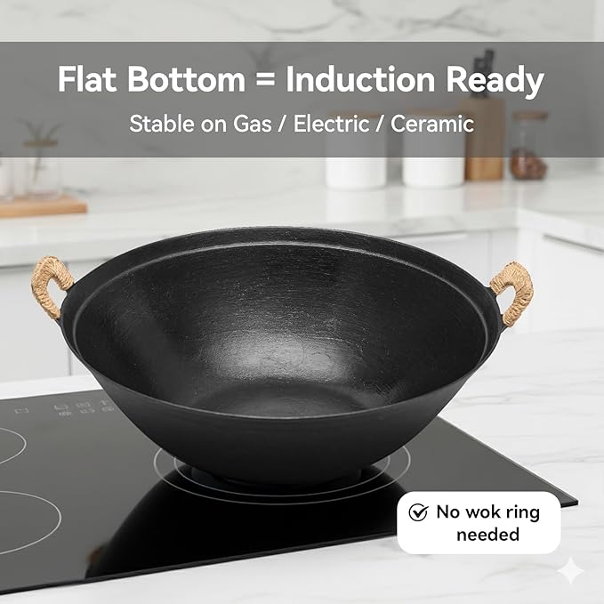 WANGYUANJI 14.2" Cast Iron Wok with Lid, Hand Hammered Chinese Wok Pan, Flat Bottom Stir Fry Pan for Induction, Gas & Electric Stoves, Uncoated Non-Toxic, Dual Handles