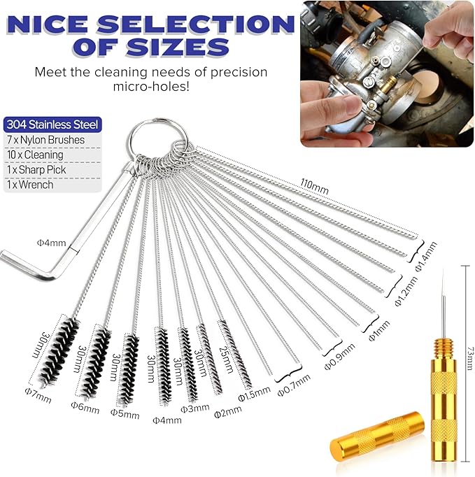 Valchoose Premium Torch Tip Cleaner, Stainless Steel Carburetor Cleaning Kit, Upgraded: Single Brush + 4 Hooks, Density Nylon for Motorcycle Jet Lawnmower Small Engine Welding Stove Airbrush Spray Gun
