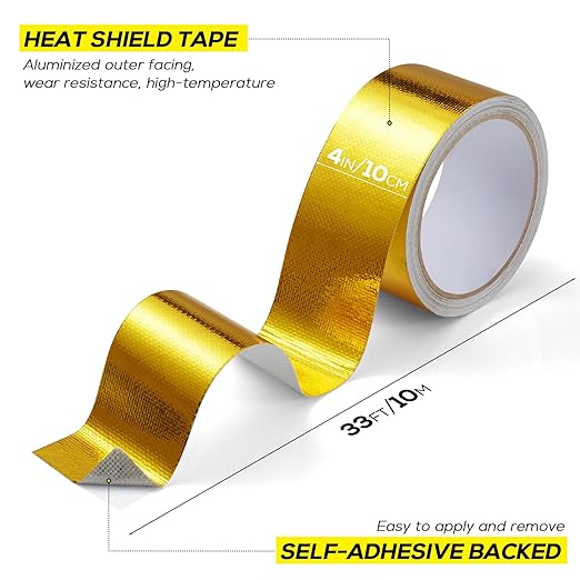 4in x 33FT Aluminum Foil Tape, Fiberglass Heat Shield Tape, Golden Self-Adhesive Heat ReflectiveTape, Exhaust Heat Resistant Tape, for Hose and Auto Use