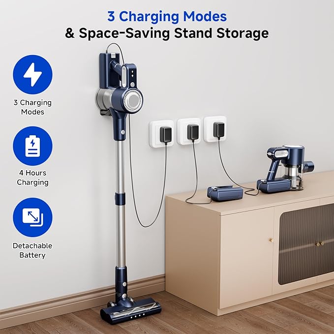 Cordless Vacuum Cleaner for Home: 6-in-1 Stick Vacuum with Powerful Suction, Rechargeable, Anti-Tangle Pet Hair Brush, Self-Standing, Green LED Headlight Vacuum for Carpet & Hardwood Floors-Dark Blue