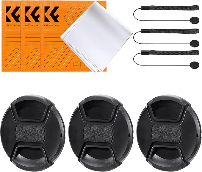 K&F Concept 55mm Lens Cap, 9-in-1 Center Pinch Lens Cover + Anti-Loss Keeper Leash + Microfiber Cleaning Cloth Kits Compatible with Nikon, Canon, Sony, Fujifilm Camera Lenses