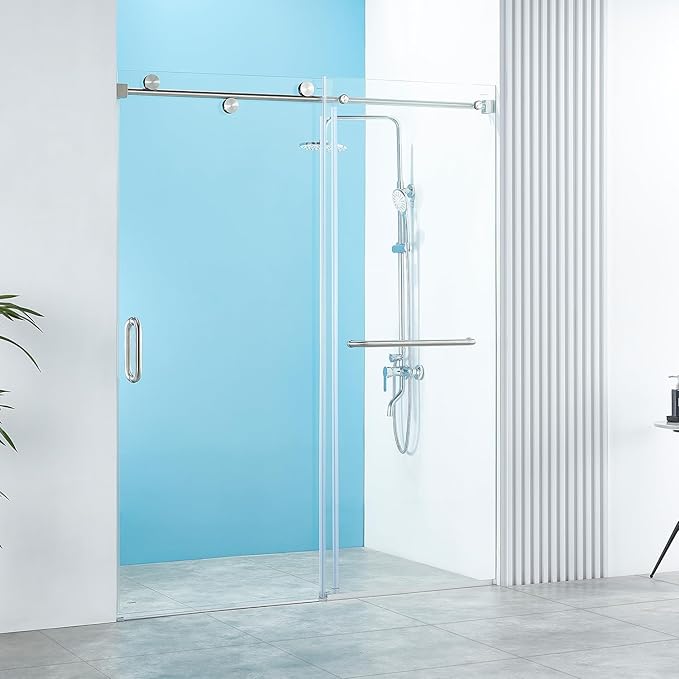 56-60" W x 76" H Frameless Sliding Shower Door, Frameless Shower Door, Shower Glass Door with 5/16" (8mm) Clear SGCC Tempered Glass, Stainless Steel Hardware O01 (Brushed Silver)