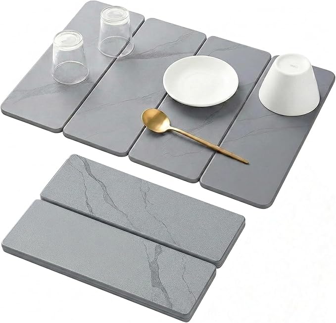 Stone Drying Mat for Kitchen Counter, Foldable Diatomaceous Earth Dish Drying Mat, Quick-Dry ,Heat-Resistant, Non-Slip Counter Protector for Family Kitchens (Light Gary, 24"L x 16"W)