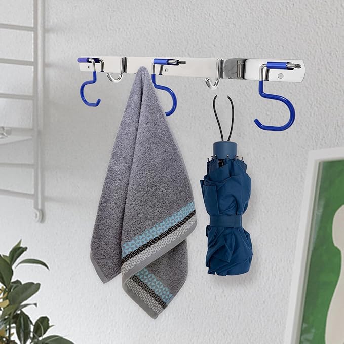 NUOBESTY Stainless Steel Wall Mounted Mop Holder and Towel Storage Hooks Set, 3 Mop Slots with 2 Utility Hooks, No-Drill Installation for Kitchen Bathroom Entryway Organization