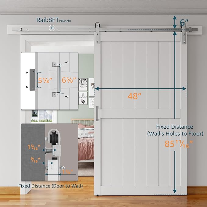 48''x84'' Sliding Barn Door with 8 Ft Brushed Nickel Hardware Kit& Handle& Floor Guides,Pre-Drilled Holes Easy Assembly - Include Installation Manual, Water-Proof PVC Surface, H-Frame