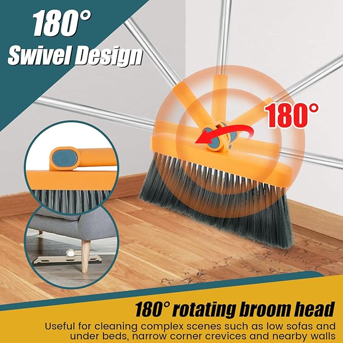 Broom and Dustpan Set for Home, 180° Rotating Broom Combo, Foldable Stand Dust Pans, Long Handle Broom and Dustpan Combo Set with Comb Teeth for Cleaning Kitchen Room Office Lobby Floor (Orange)