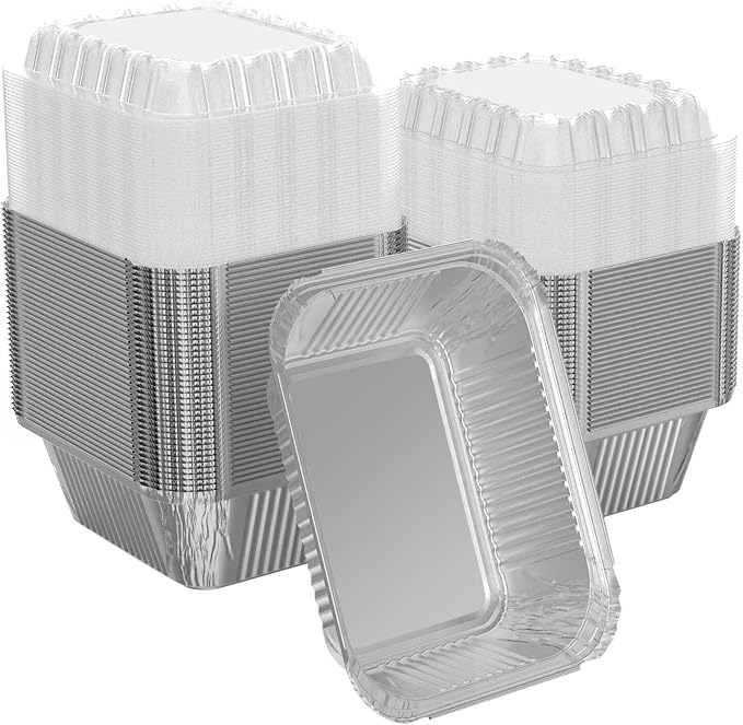 25 Pack 1 lb Rectangular Disposable Aluminum Foil Pan 16 oz Take Out Food Containers with Clear Plastic Dome Lids, for Catering, Baking, Roasting Food