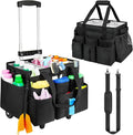 Large Rolling Cleaning Caddy Bag with Detachable Trolley,Cleaning Cart on Wheels with Shoulder Strap,Cleaning Supplies Organizer for Housekeepers,Black
