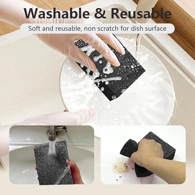 Cleaning and Washing Sponge, 3 Pack Large Extra Thick Heavy Duty Sponge Multi-Purpose for Kitchen Bathroom Bike Boat Car, Natural Cellulose Sponges 4" X 6" X 2" (Black)