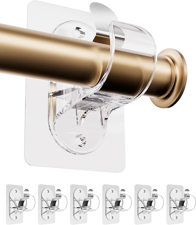 ANDGOO 6 Pack Adhesive Curtain Rod Holders, No Drilling Curtain Rod Brackets, Renter Friendly Curtain Hanger, Fits 0.5'' to 1.2'' Rods, Heavy Duty Curtain Rod Hooks for Apartment Bathroom Dorm Kitchen
