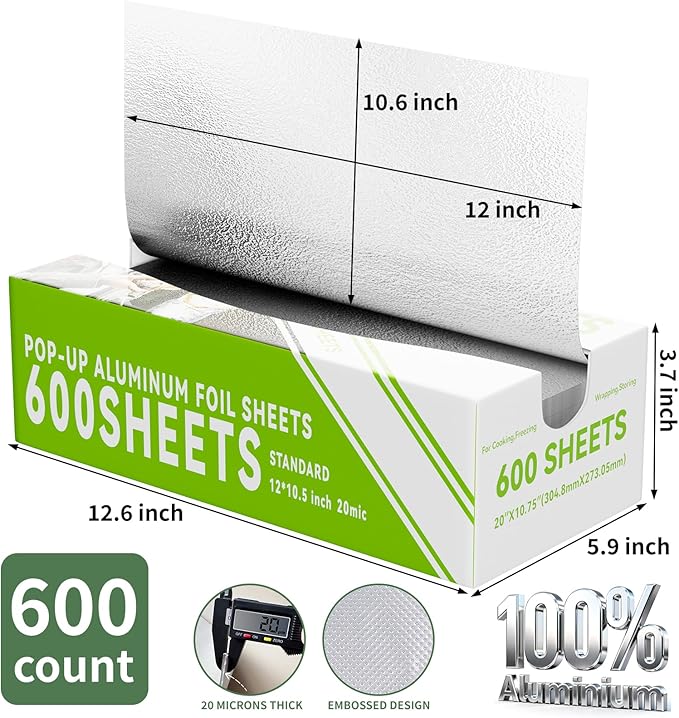 600 Count Pre-Cut Aluminum Foil Sheets, 12" x 10.6" Inch Pre Cut Aluminum Foil sheets for Restaurant Use, Disposable Foil Sheets for Food, Hot Dogs, and Sandwiches