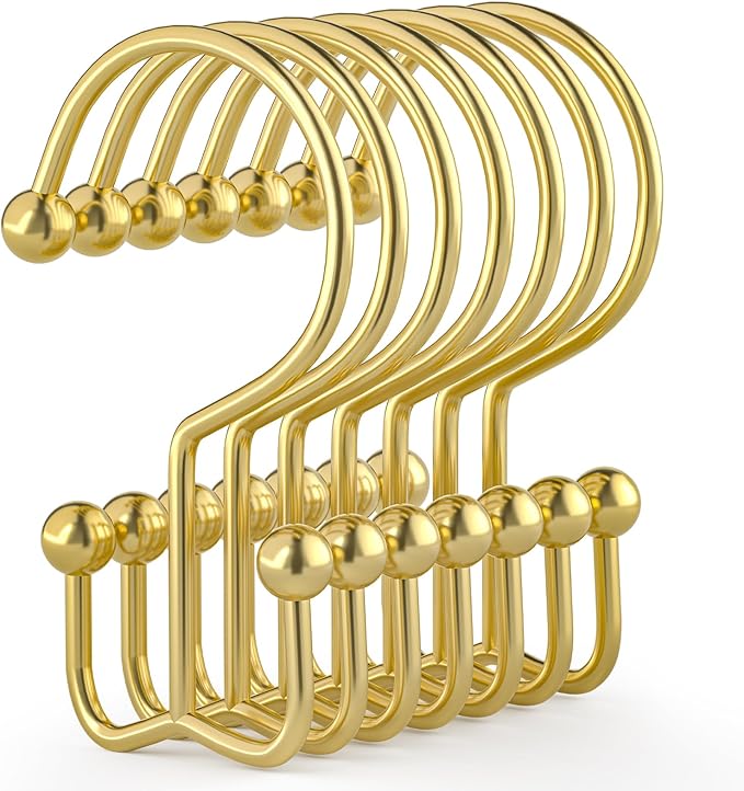 Goowin Shower Curtain Hooks, 12 Pcs Shower Curtain Rings, Durable Gold Shower Curtain Hooks, Double Glide Shower Curtain Rings Rust Proof, Simple Shower Hooks for Shower Curtain & Liner, Gold