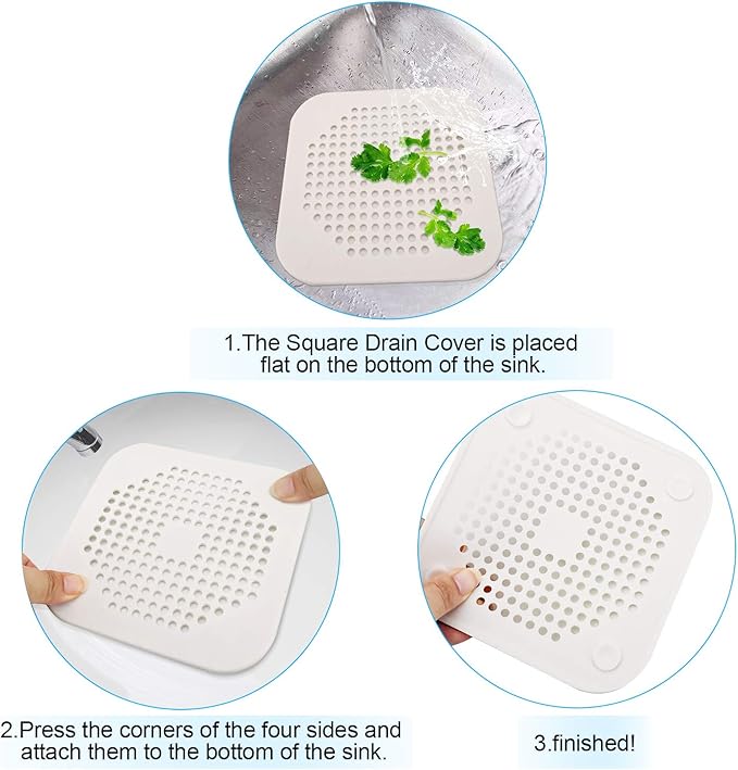 Square Drain Cover for Shower 5.7-inch TPR Drain Hair Catcher Flat Silicone Plug for Bathroom and Kitchen Filter Shower Drain Protection Flat Strainer Stopper with Suction Cups 2 Pack (White)
