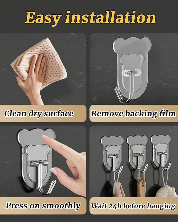 10 Pcs Heavy Duty Adhesive Hooks 10lb Max - Transparent Waterproof Sticky Wall Hooks for Bathroom, Shower, Kitchen, Office - No Damage Self Adhesive Hanging for Towels, Coats, Keys & Home Decor