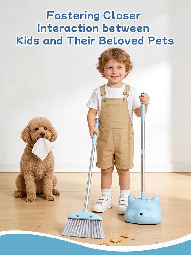 Kids Cleaning Toy 3-Piece Set - Broom, Dustpan & Mop | 28-Inch Mini Broom, Toddler Household Helper, Perfect Tool for Cleaning Tiny Corners, Adorable Cartoon Style (Blue)