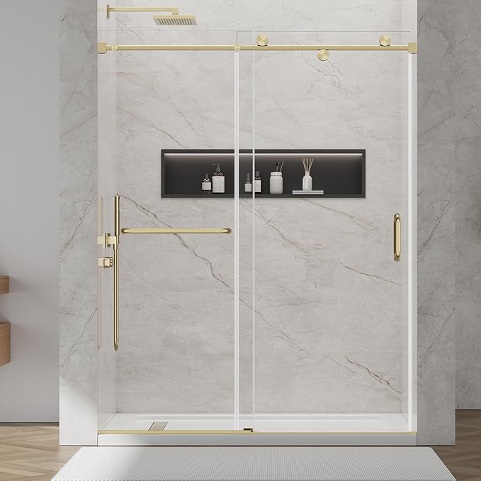 56-60" W x 76" H Frameless Sliding Shower Door, Frameless Shower Door, Shower Glass Door with 5/16" (8mm) Clear SGCC Tempered Glass, Stainless Steel Hardware O01 (Brushed Gold)