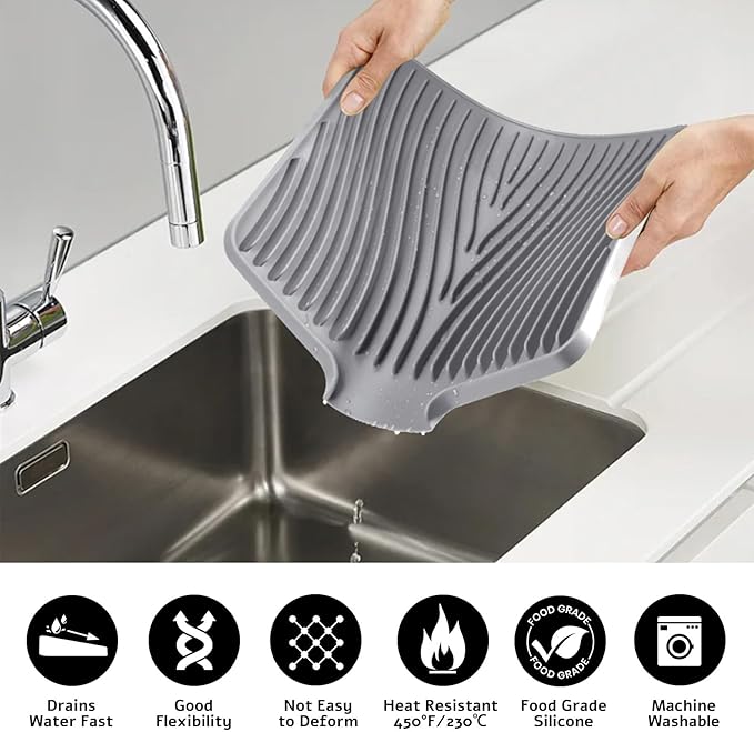 Silicone Dish Drying Mat, Stone Drying Mat for Kitchen Counter with Built-In Drain, Non-Slip Drain Pad with Built-in Drain, Heat Resistant Stone Drying Mat, Grey-1Set, 20" x 15"