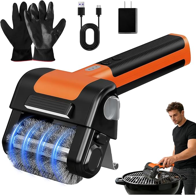 Electric Rotary Grill Brush, 950 RPM Cordless Rechargeable BBQ Tool with 4500mAh Battery, LED Light, 304 Stainless Steel Brush Head, No Preheating Grill, Heavy Duty Grill Clean Tool for Outdoor Grill