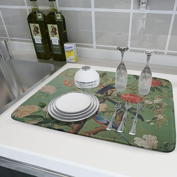 Khope Green Chinoiserie Dish Drying Mat for Kitchen Counter 18x24 Inch Spring Vintage Bird Flower Reusable Washable Farmhouse Flower Drying Pad Countertop Home Decor