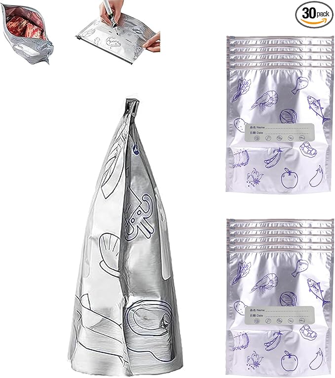 Reusable Aluminum Foil Storage Bags, 30 Count - Thick, Leak-Proof Stand-Up Bags with Resealable Zipper for Food Storage & Organization | Freezer, Pantry & Meal Prep (Large)