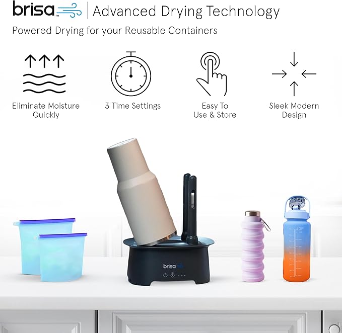 Brisa Rack: Powered Drying for reusables bottles, bags, and containers - Heated Air Drying Technology - Home Essential Drying Rack Kitchen Tool - Gray