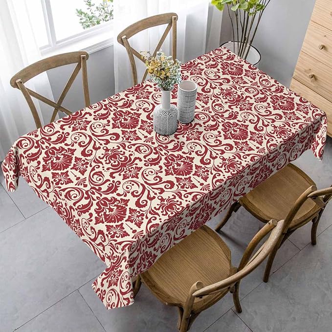 Vintage Damask Rectangular Tablecloth Red Floral 52x70 Table Cloth for Wedding Party Banquet,Dining Kitchen Rustic Table Cover