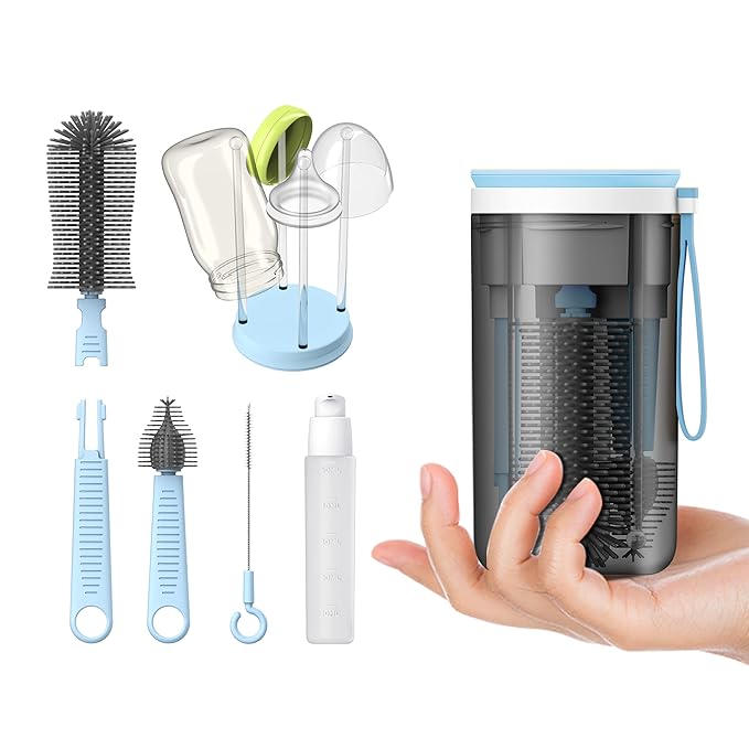 Travel Bottle Brush with Portable Bottle Drying Rack, Travel Essentials for Baby, Blue