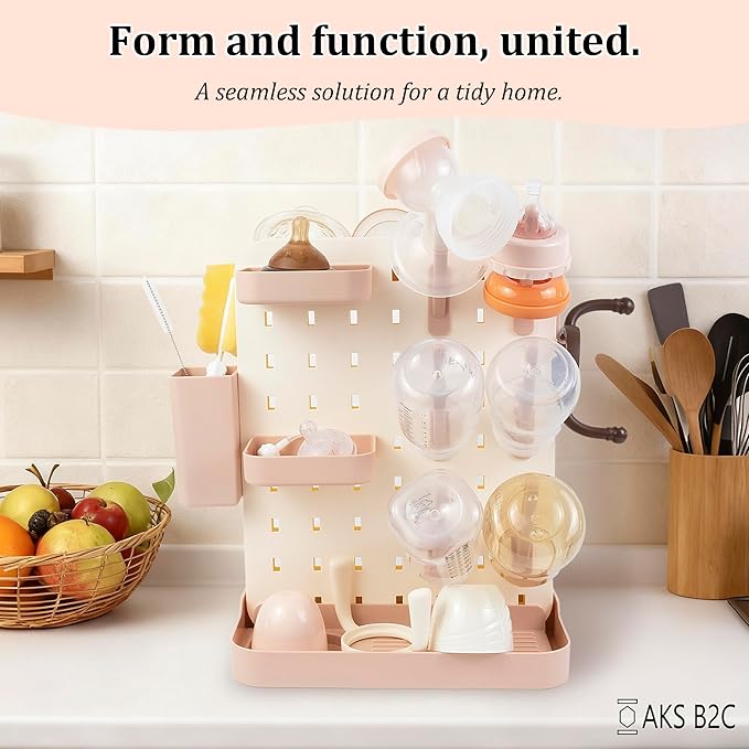 Baby Bottle Drying Rack Space Saving Countertop Vertical Rack with Brushes Holder (Pink)