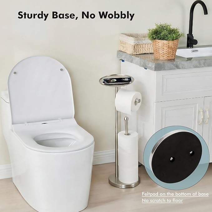 Freestanding Toilet Paper Holder with Shelf, Toilet Paper Stand with Storage for Holding Extra 4 Toilet Paper Rolls (Brushed Nickel)